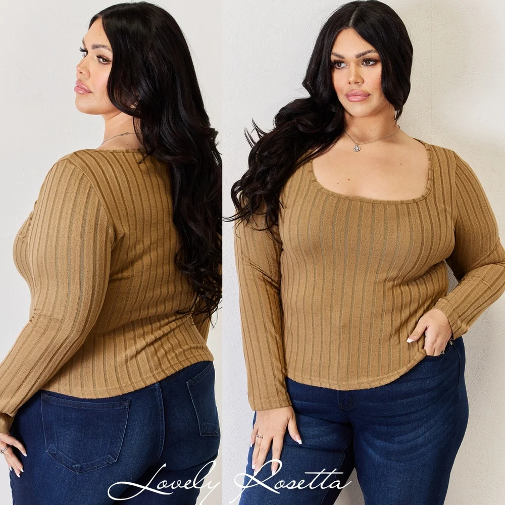 Tan Ribbed Long Sleeve Full Size Top